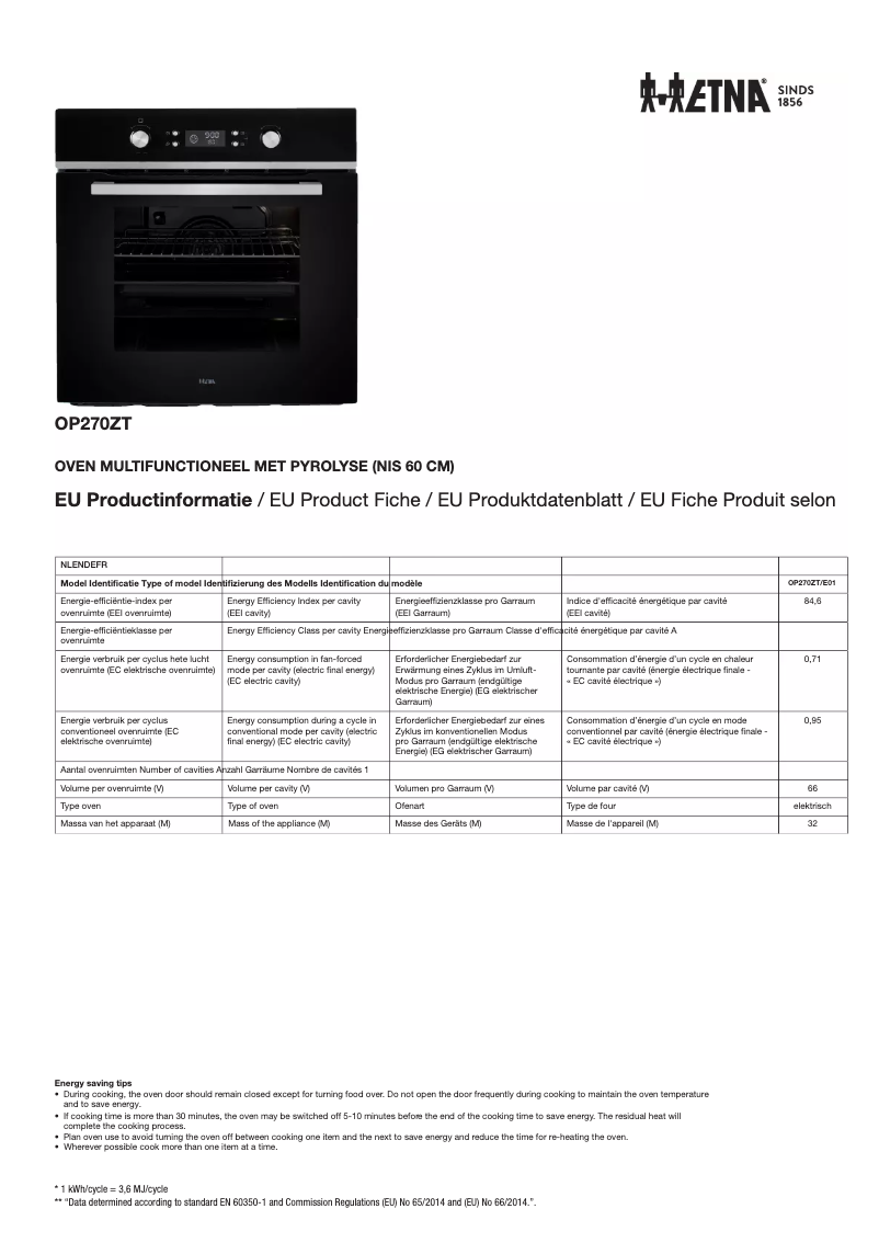 Page n°1 - Fiche technique Etna OP270ZT