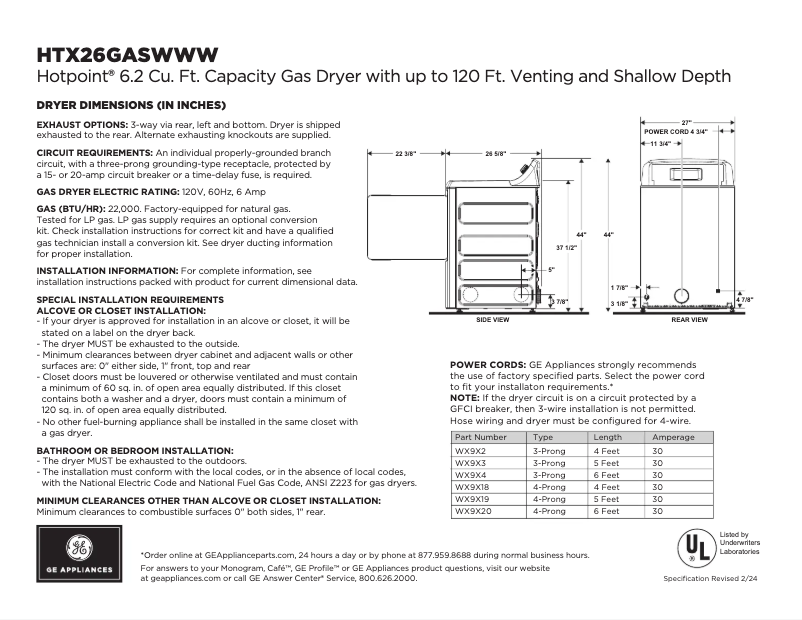 Page 1 de la notice Fiche technique Hotpoint HTX26GASWWW