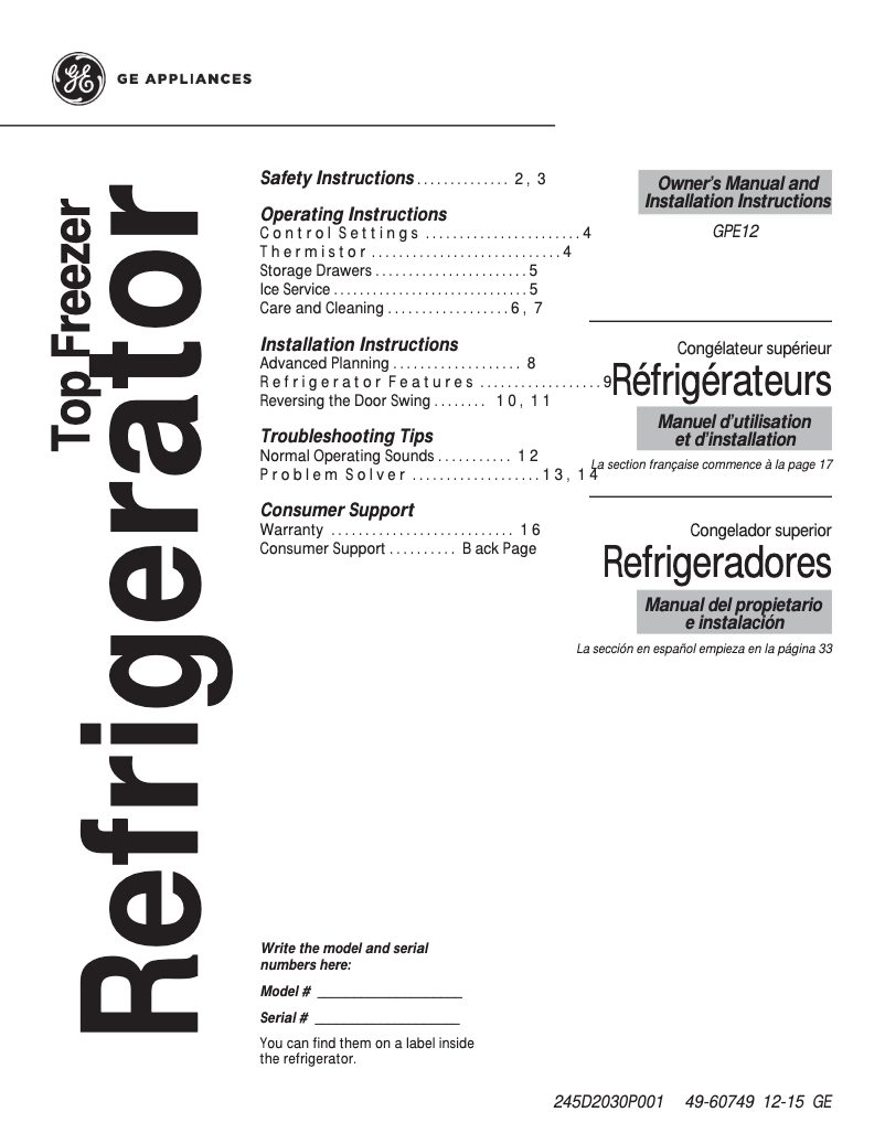 Page 1 de la notice Manuel utilisateur GE GPE12FGKBB