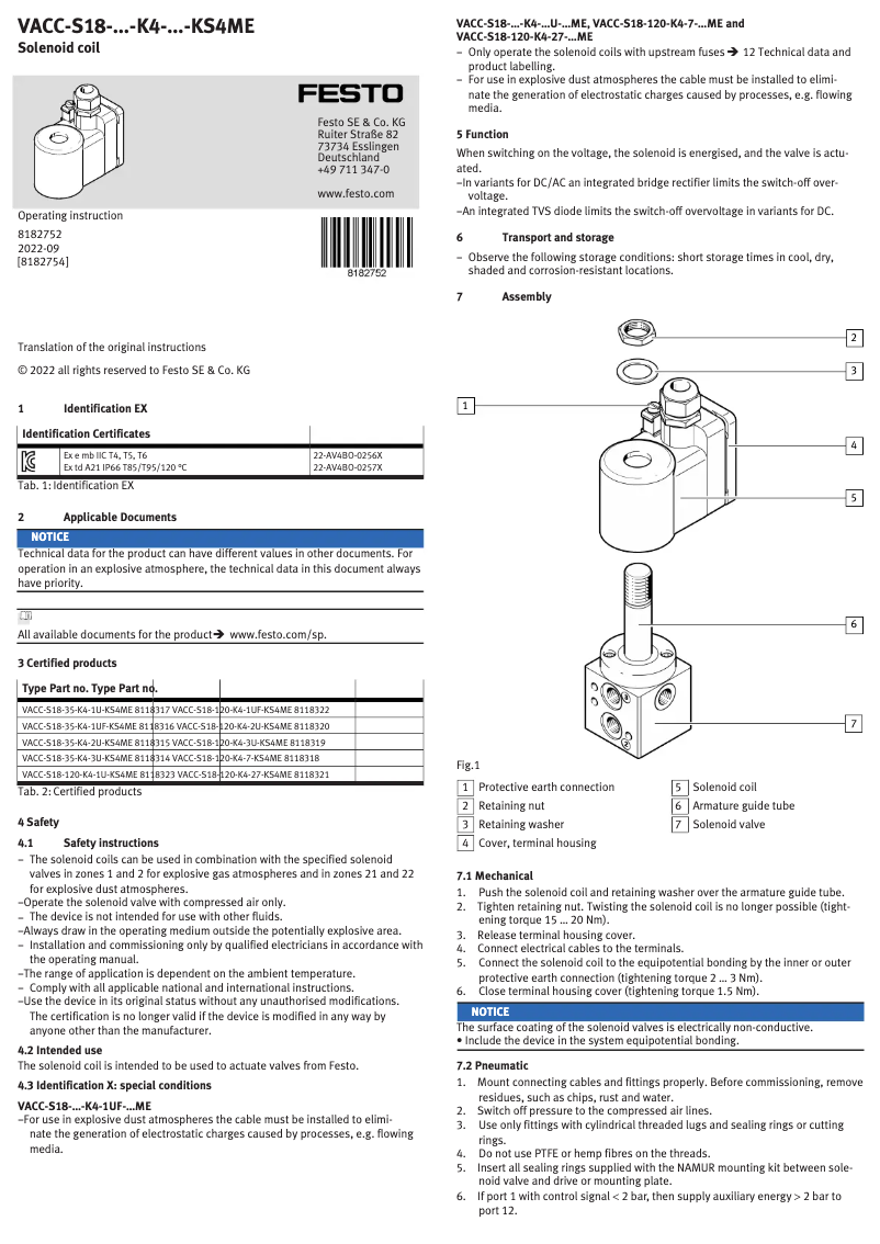 Page 1 de la notice Manuel utilisateur Festo VACC-S18-120-K4-2U-KS4ME