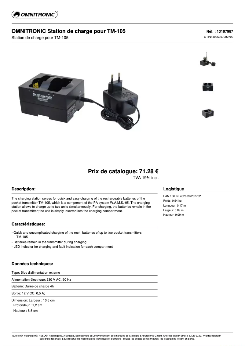 Page 1 de la notice Fiche technique Omnitronic TM-105