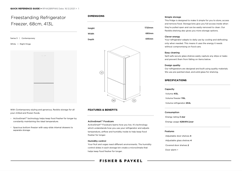 Page n°1 - Fiche technique Fisher & Paykel RF442BRPW6