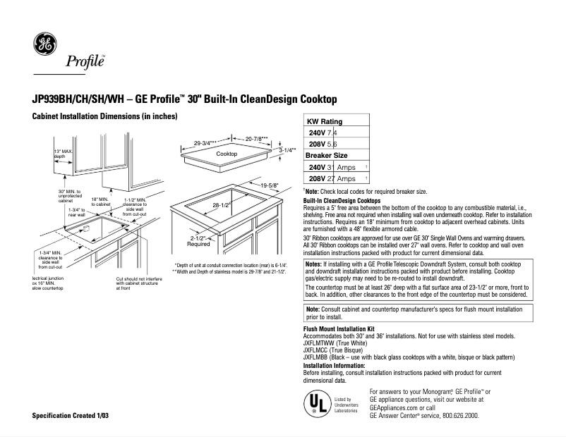 Page n°1 - Fiche technique GE Profile JP939CHCC