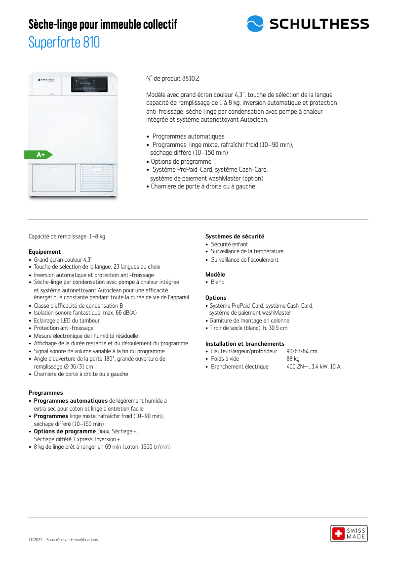 Page 1 de la notice Fiche technique Schulthess Superforte 810