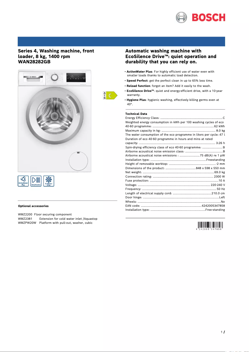 Page n°1 - Fiche technique Bosch WAN28250GB