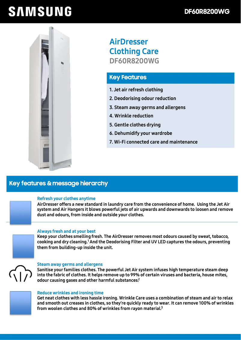 Page 1 de la notice Fiche technique Samsung DF60R8200WG