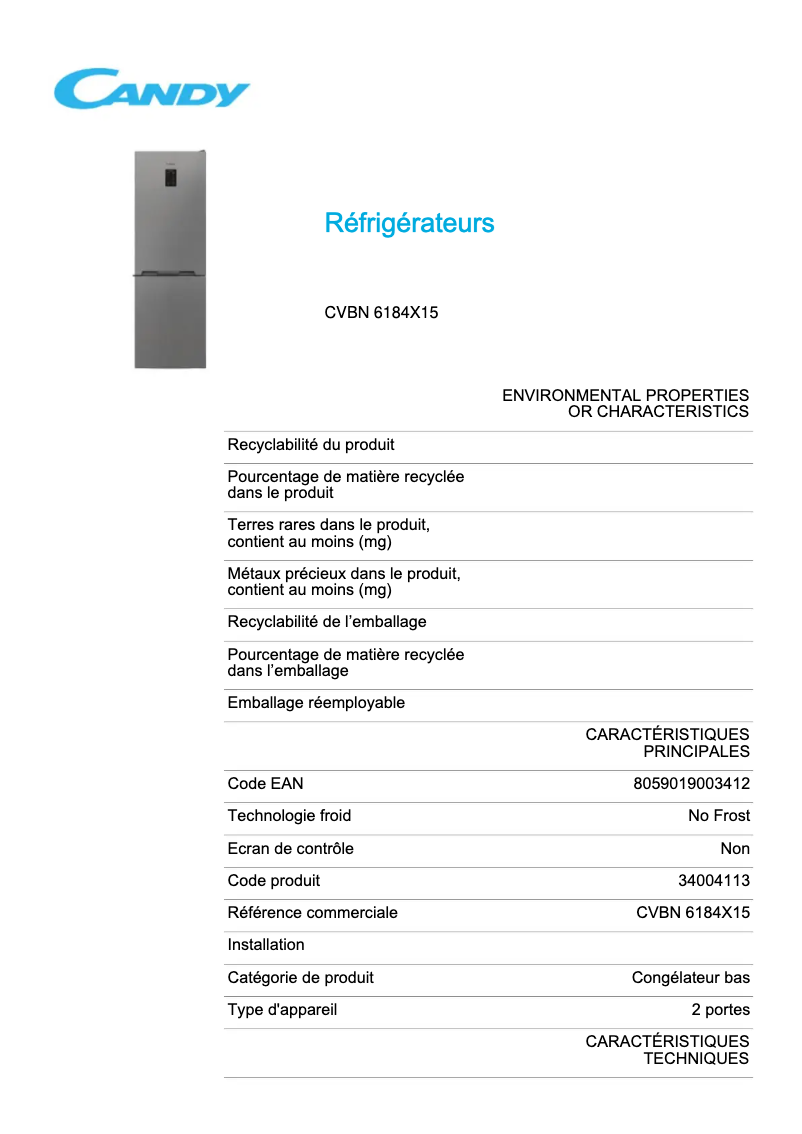 Page 1 de la notice Fiche technique Candy CVBN 6184X15