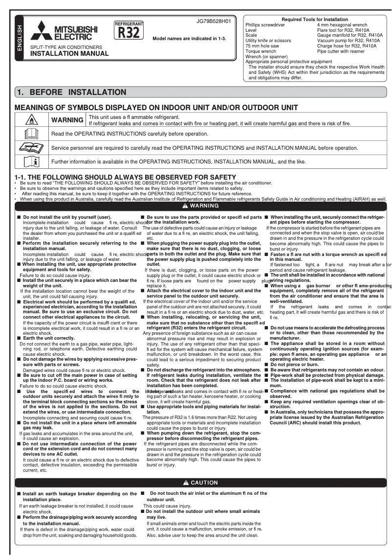 Page 1 de la notice Guide d'installation Mitsubishi MSZ-GL60VGD