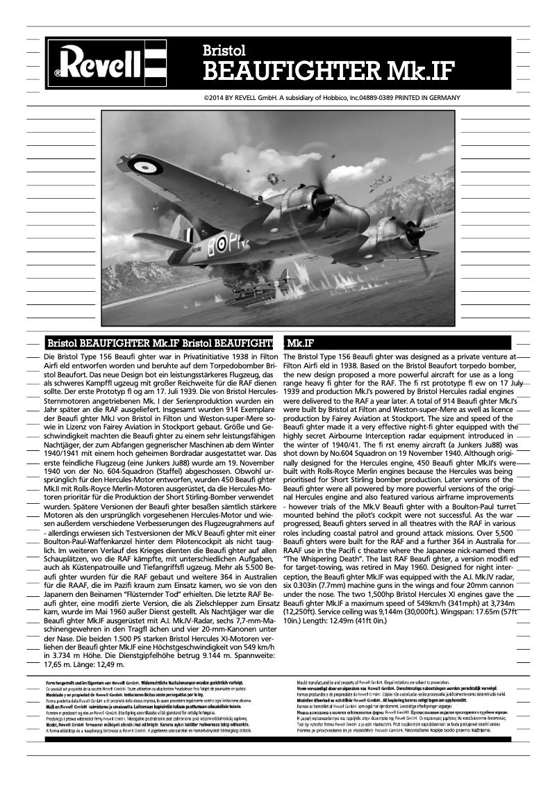 Page 1 de la notice Manuel utilisateur Revell Bristol BEAUFIGHTER Mk.I F
