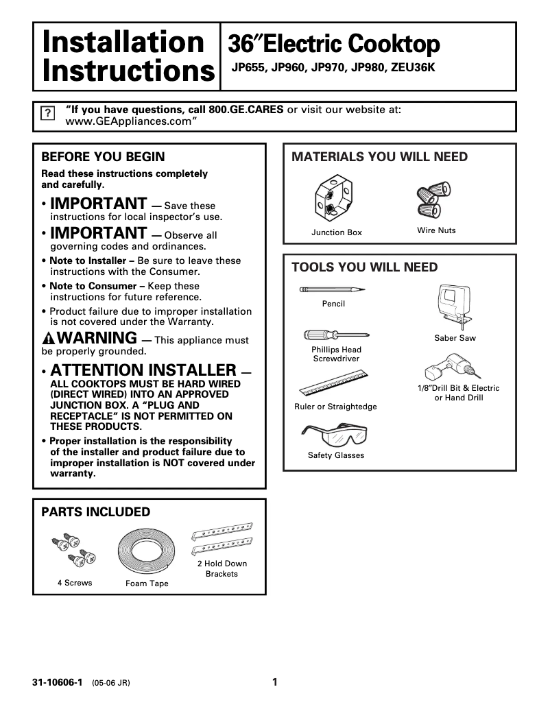 Page n°1 - Guide d'installation GE Profile JP970BKBB