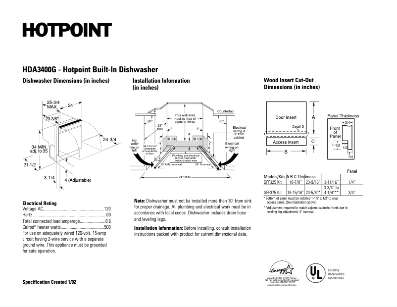 Page 1 de la notice Fiche technique Hotpoint HDA3400GBB