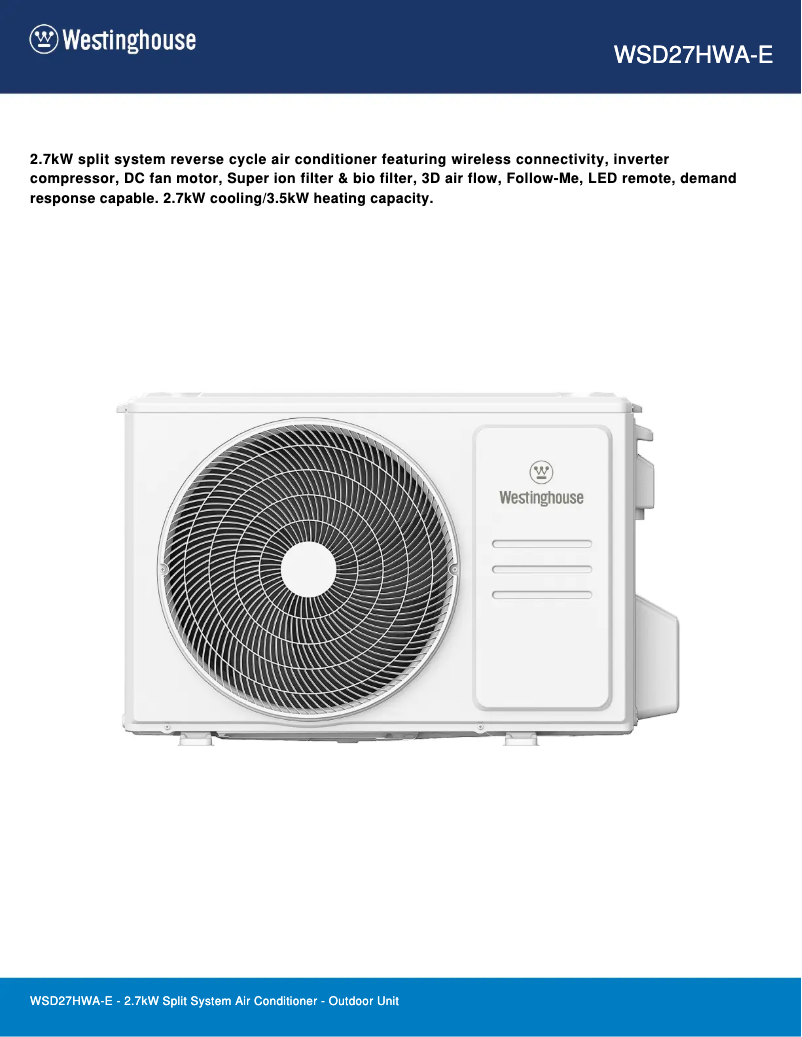 Page 1 de la notice Fiche technique Westinghouse WSD27HWA-E