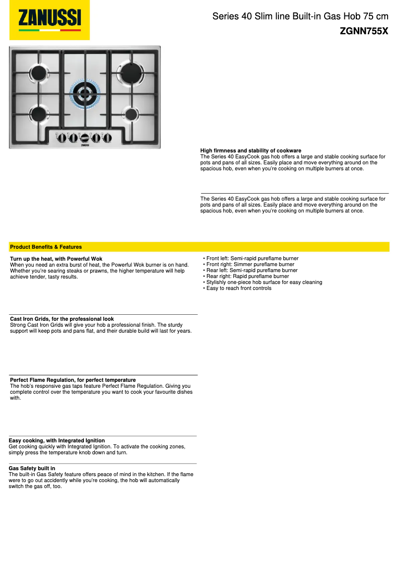Page 1 de la notice Fiche technique Zanussi ZGNN755X