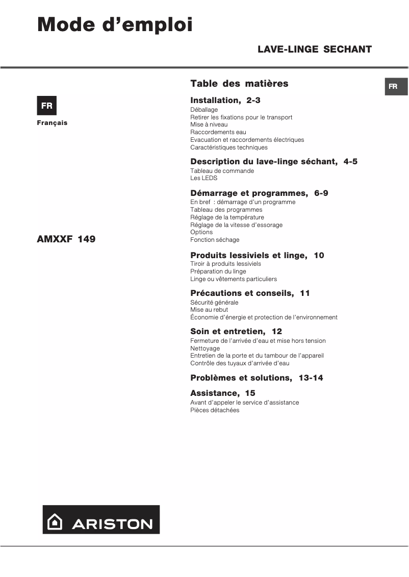 Page 1 de la notice Manuel utilisateur Hotpoint Ariston Amxxf 149 eu