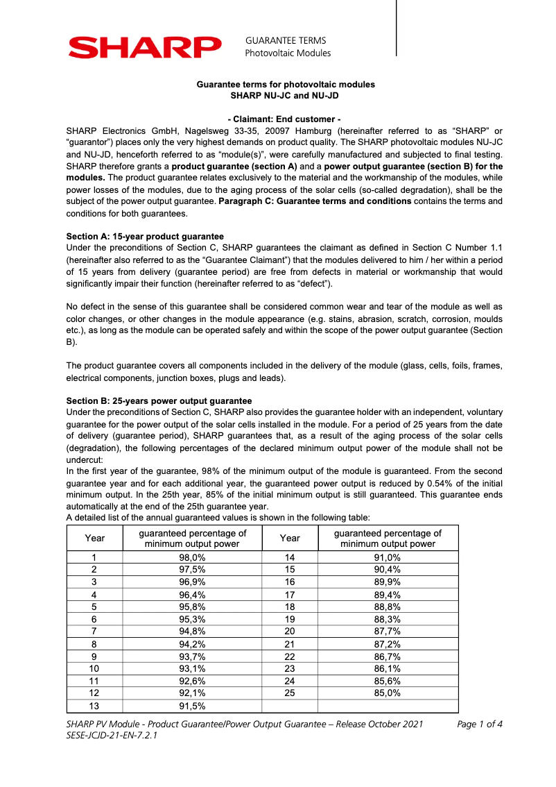 Page 1 de la notice Informations de garantie Sharp NUJC410
