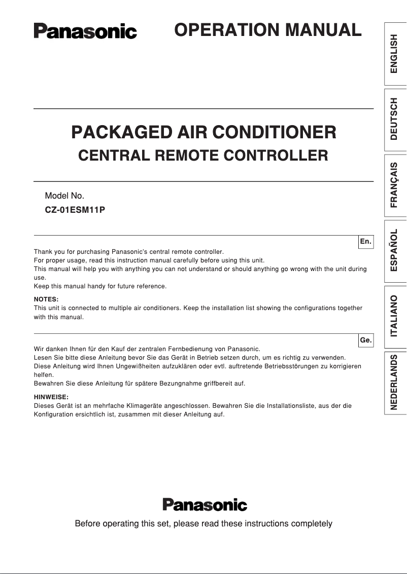 Page n°1 - Manuel utilisateur Panasonic CZ-01ESM11P