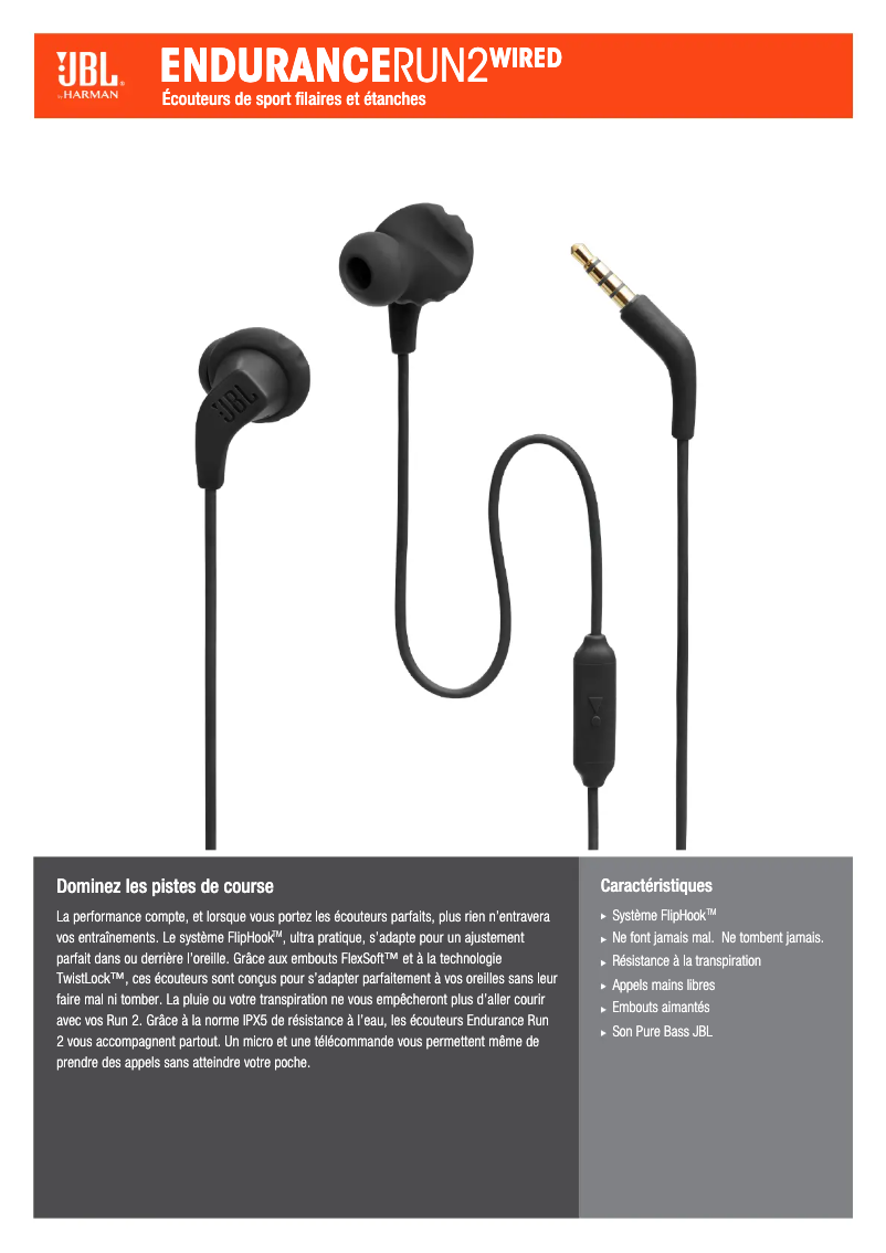 Page 1 de la notice Manuel utilisateur JBL Endurance Run 2 Wired