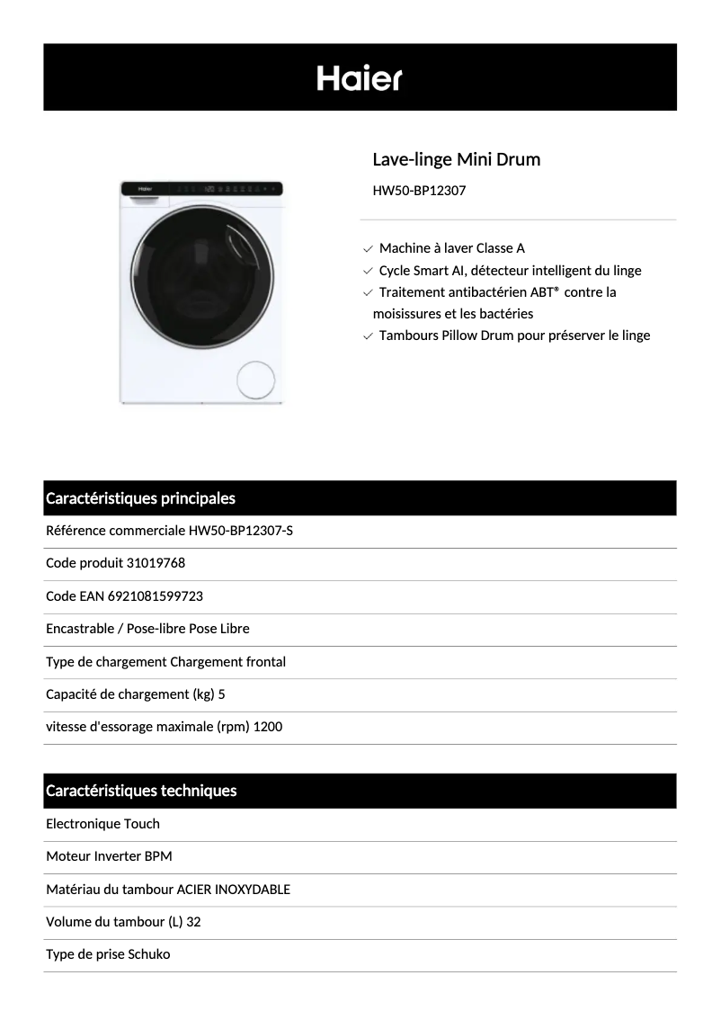 Page 1 de la notice Fiche technique Haier HW50-BP12307
