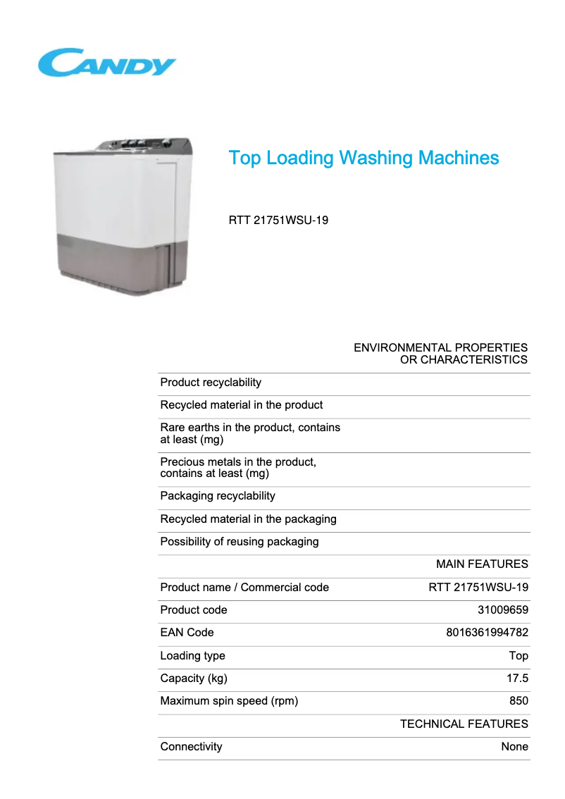 Page 1 de la notice Fiche technique Candy RTT 21751WSU-19