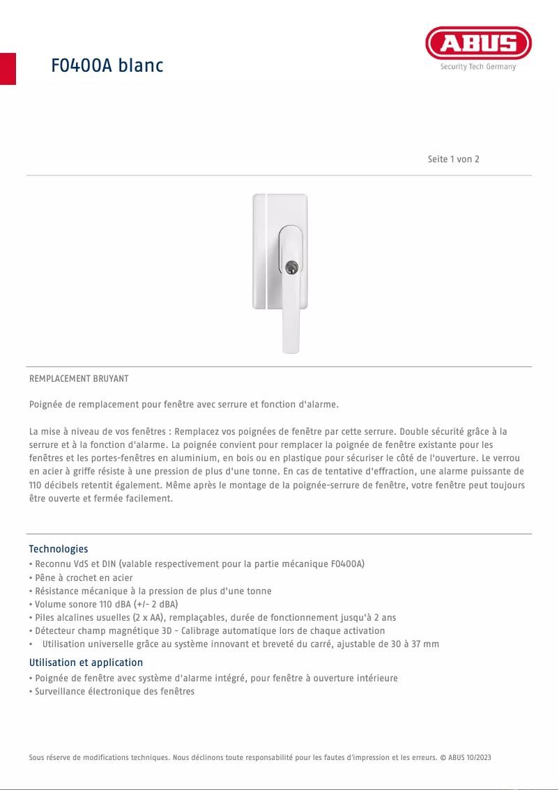 Página 1 del manual Ficha técnica Abus FO400A