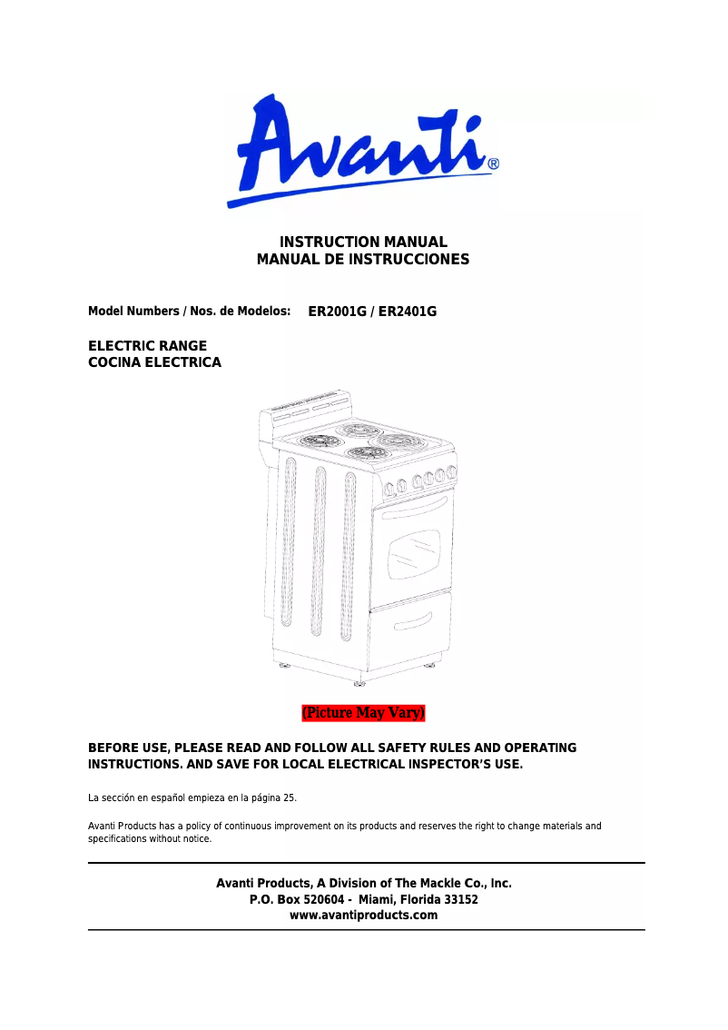 Page 1 de la notice Manuel utilisateur Avanti ER2001G