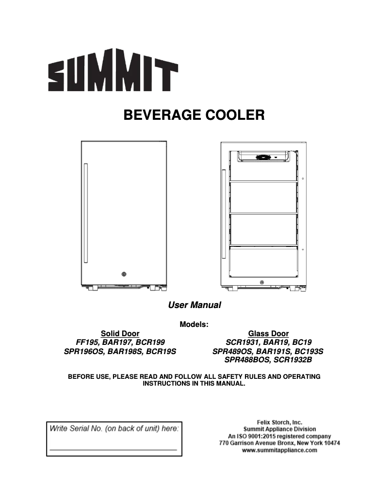 Page n°1 - Manuel d'utilisation et d'entretien Summit FF195CSS