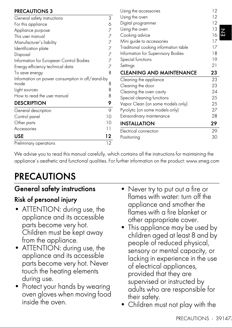 Page 1 de la notice Mode d'emploi Smeg SFP6101TB3