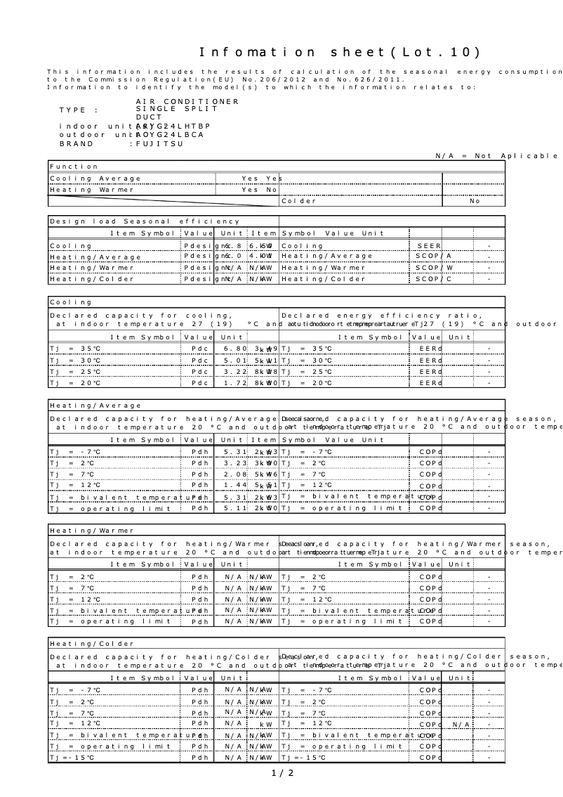 Page 1 de la notice Fiche technique Fujitsu ARYG24LHTBP