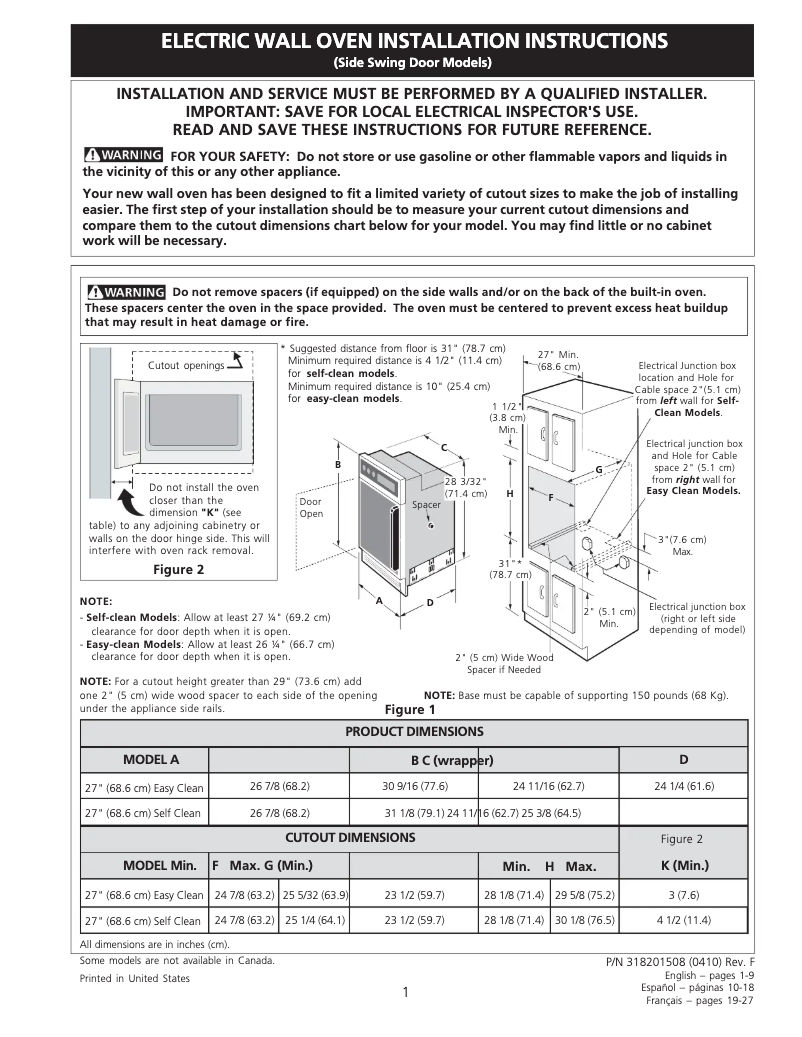 Page 1 de la notice Guide d'installation Frigidaire GLEB27S7CB