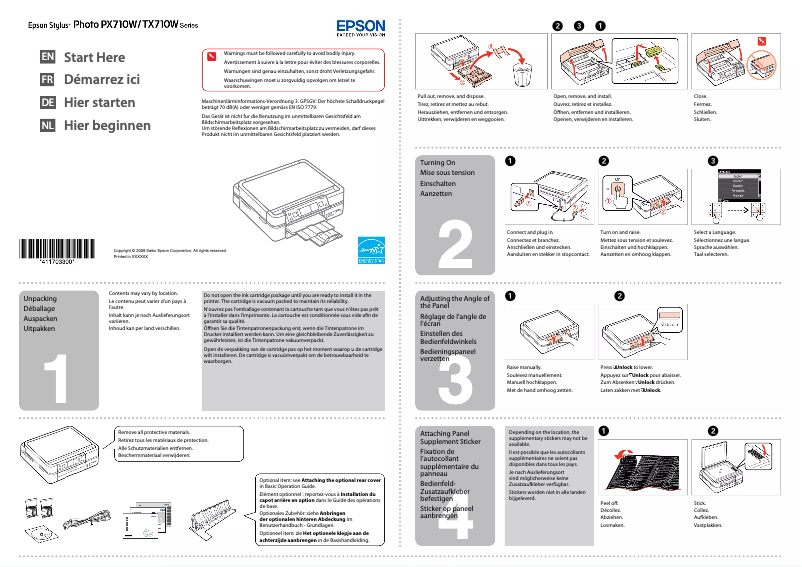 Page 1 de la notice Guide d'installation Epson Stylus Photo PX710W