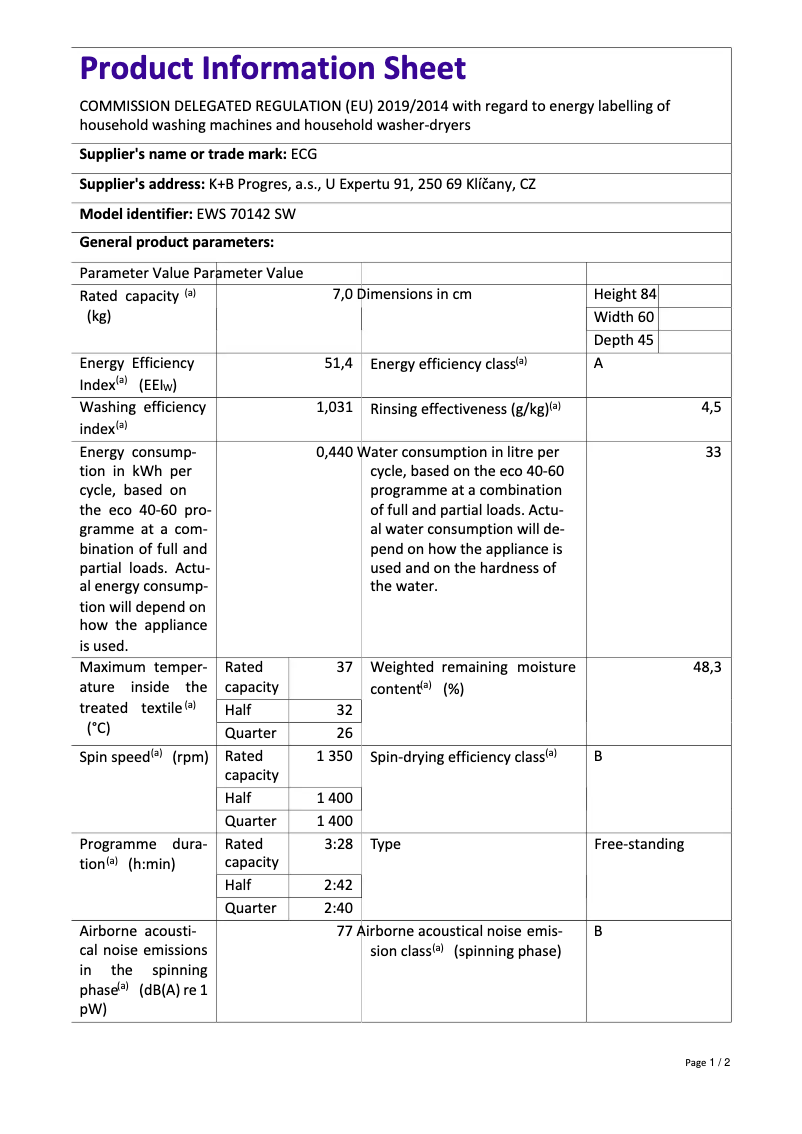 Page n°1 - Fiche technique ECG EWS 70142 SW