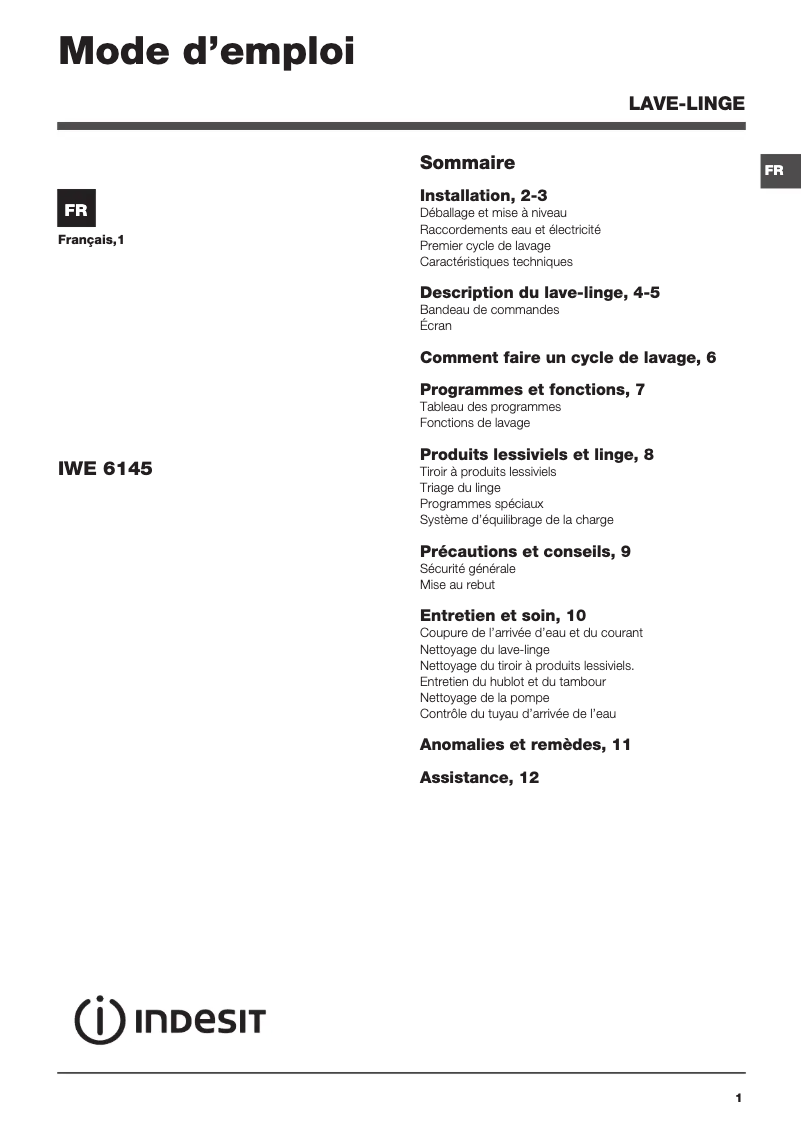 Page n°1 - Manuel utilisateur Indesit IWE 6145