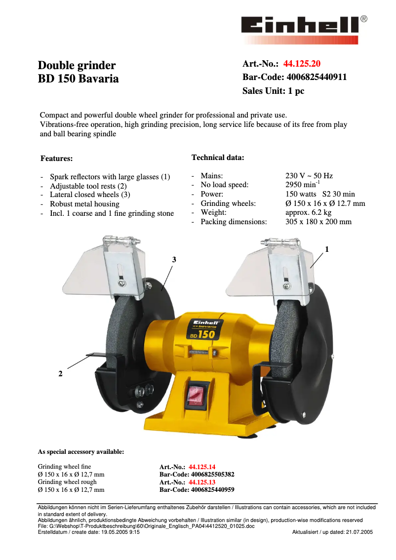 Page 1 de la notice Fiche technique Bavaria by Einhell BD 150