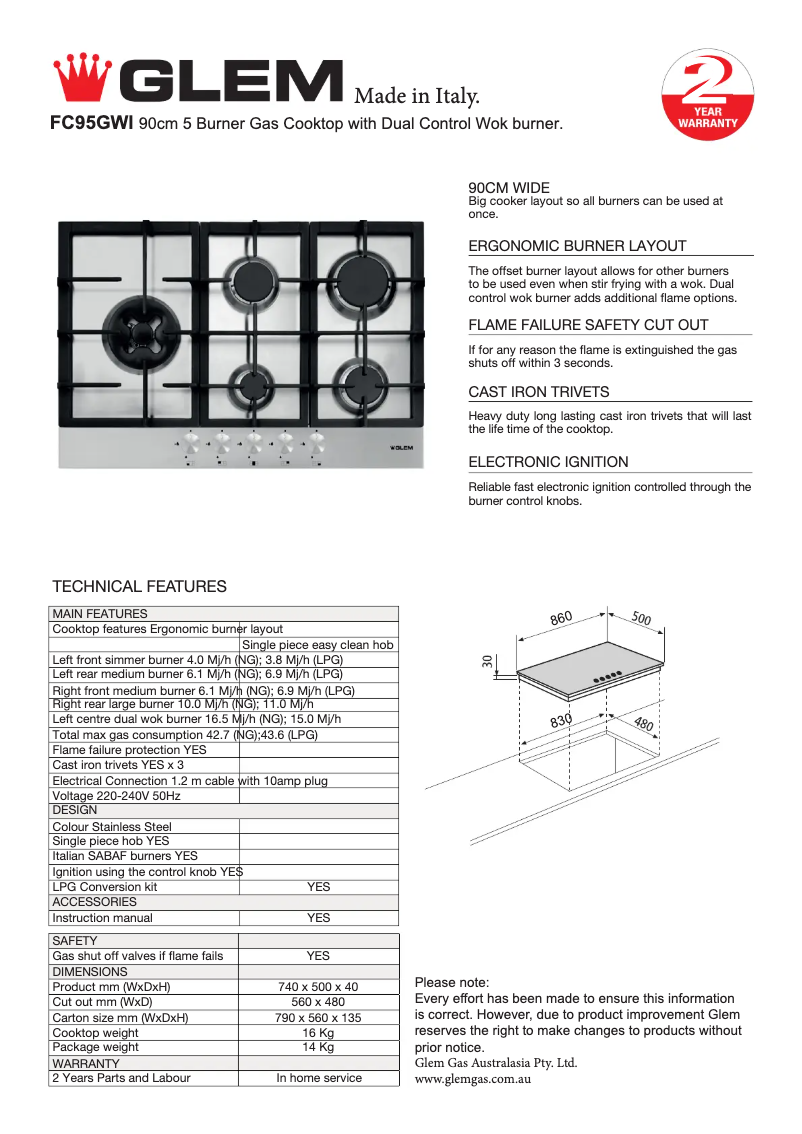 Page n°1 - Fiche technique Glem Gas FC95GWI