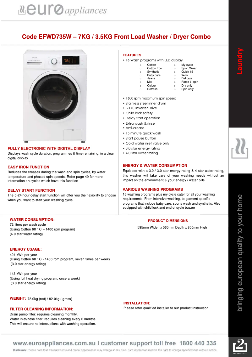 Página 1 del manual Ficha técnica Euro Appliances EFWD735W