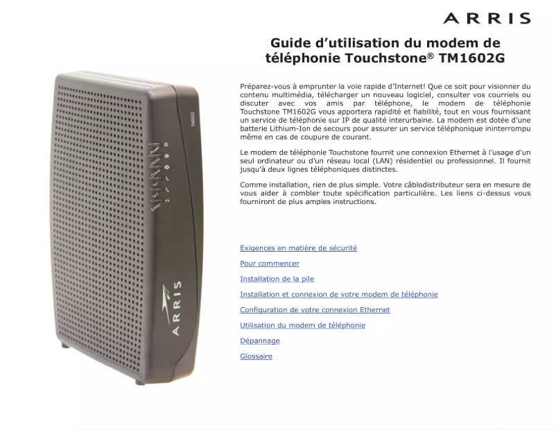 Image de la première page du manuel de l'appareil Touchstone TM1602G