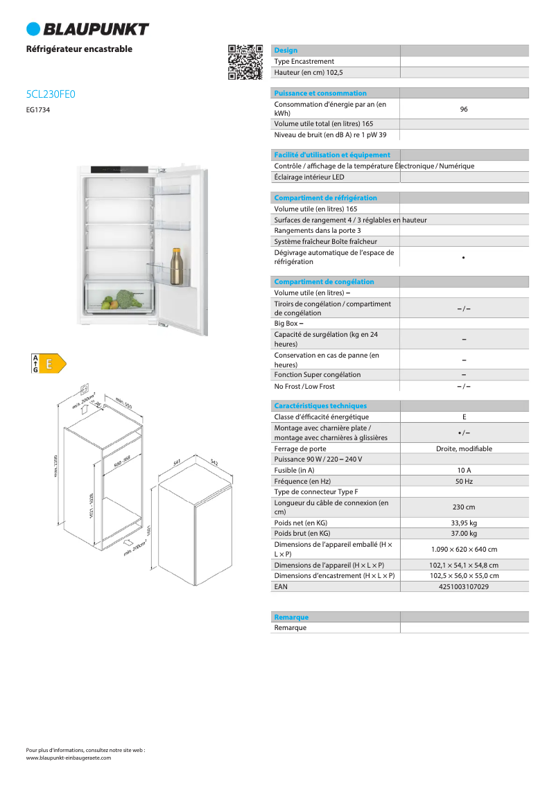 Page n°1 - Fiche technique Blaupunkt 5CL230FE0