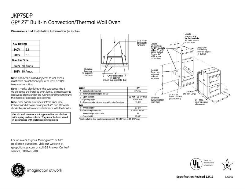 Page 1 of the manual Technical Sheet GE JKP75DPWW