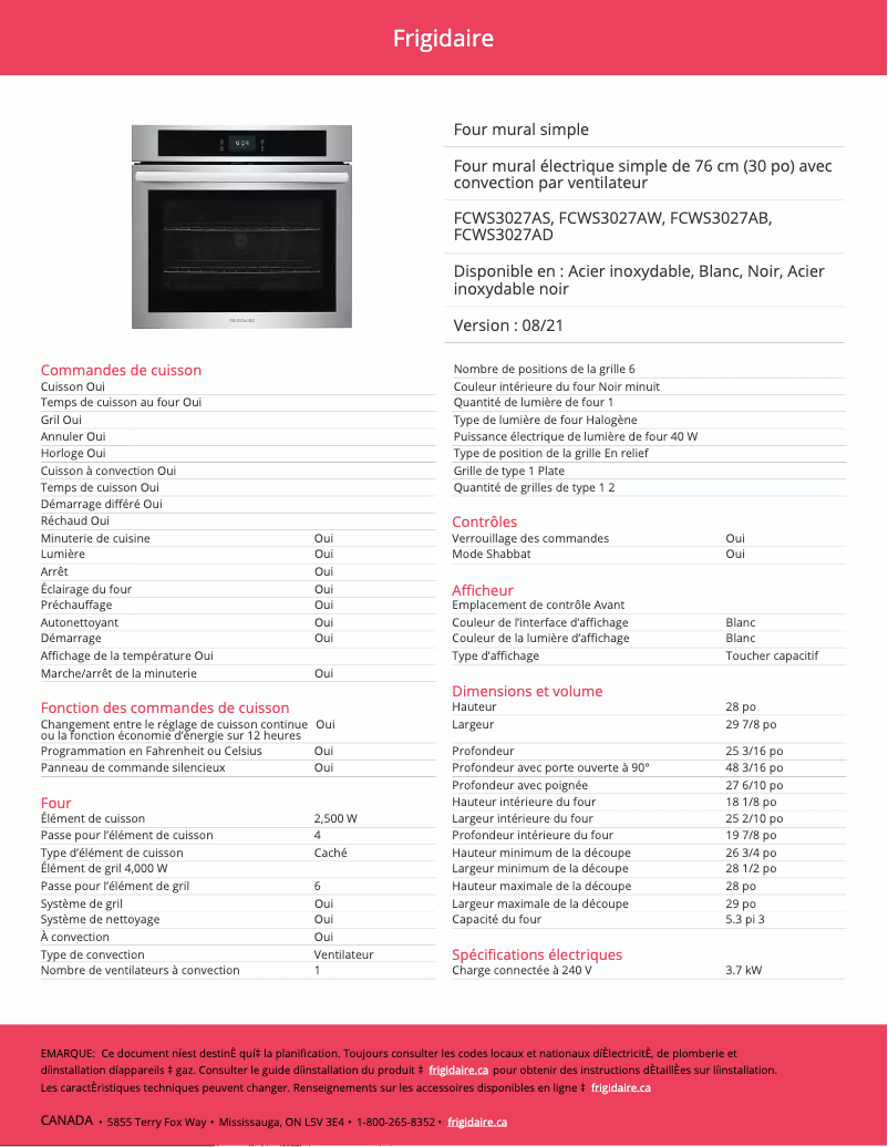 Page 1 de la notice Fiche technique Frigidaire FCWS3027AB