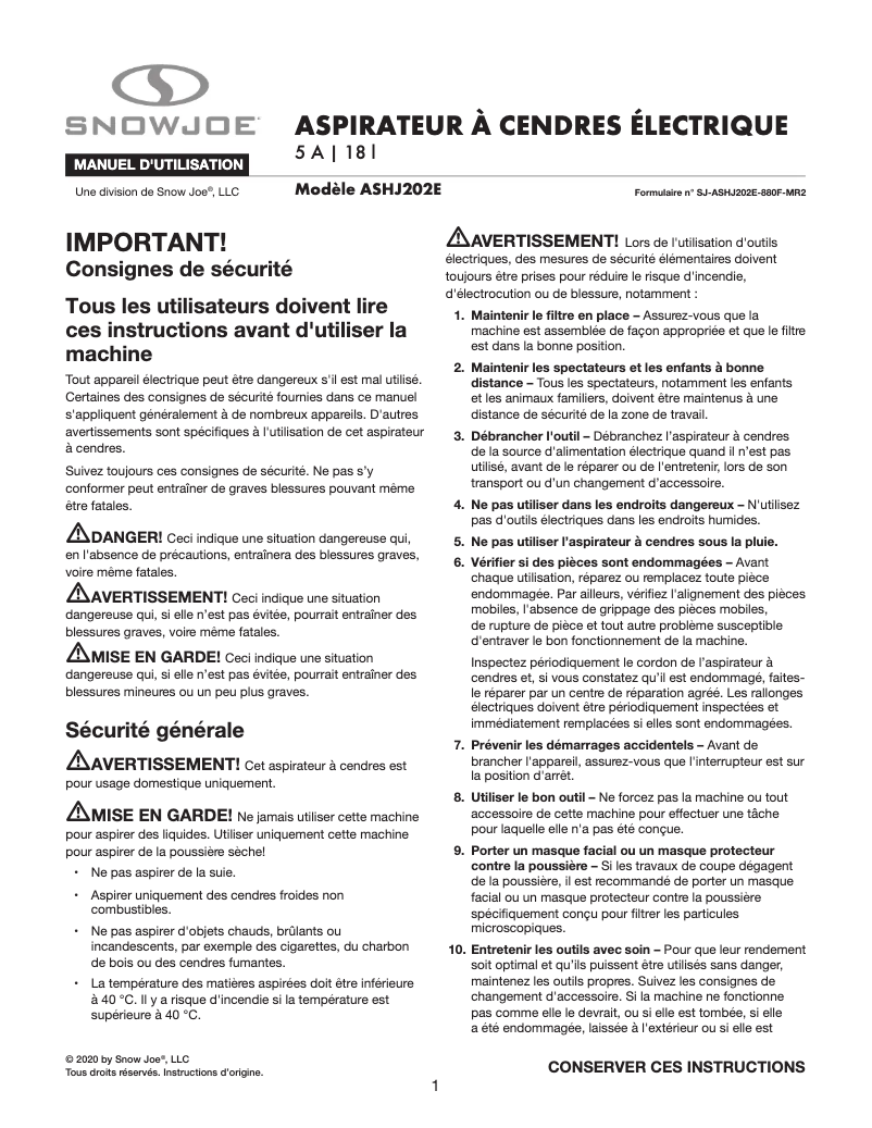 Page 1 de la notice Manuel utilisateur Snow Joe ASHJ202E