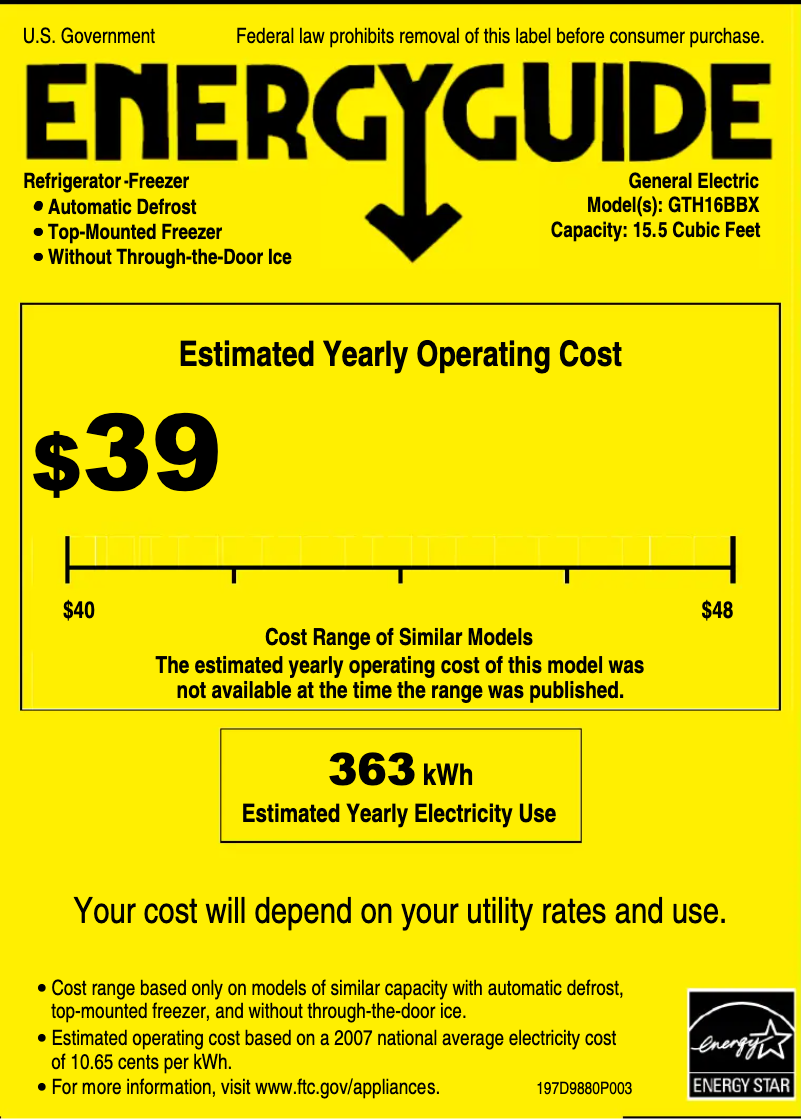 Page 1 of the manual Energy Label GE GTH16BBXLCC