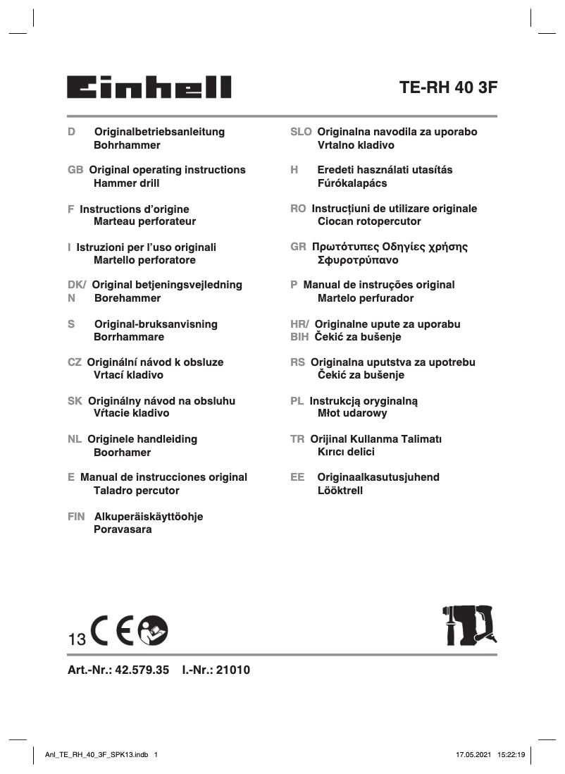 Page 1 de la notice Manuel utilisateur Einhell TE-RH 40 3F