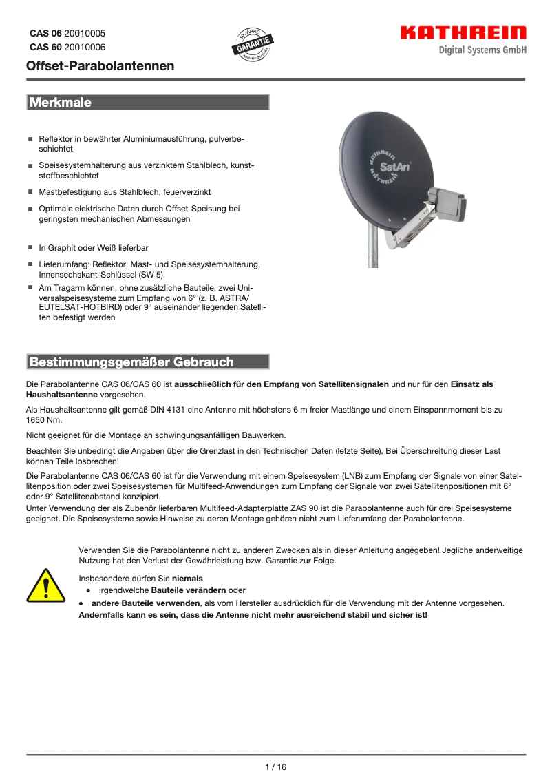 Page 1 de la notice Fiche technique Kathrein CAS 06