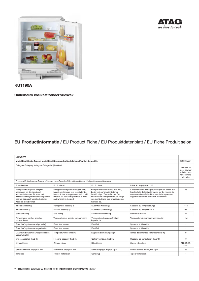 Page 1 de la notice Fiche technique Atag KU1190A