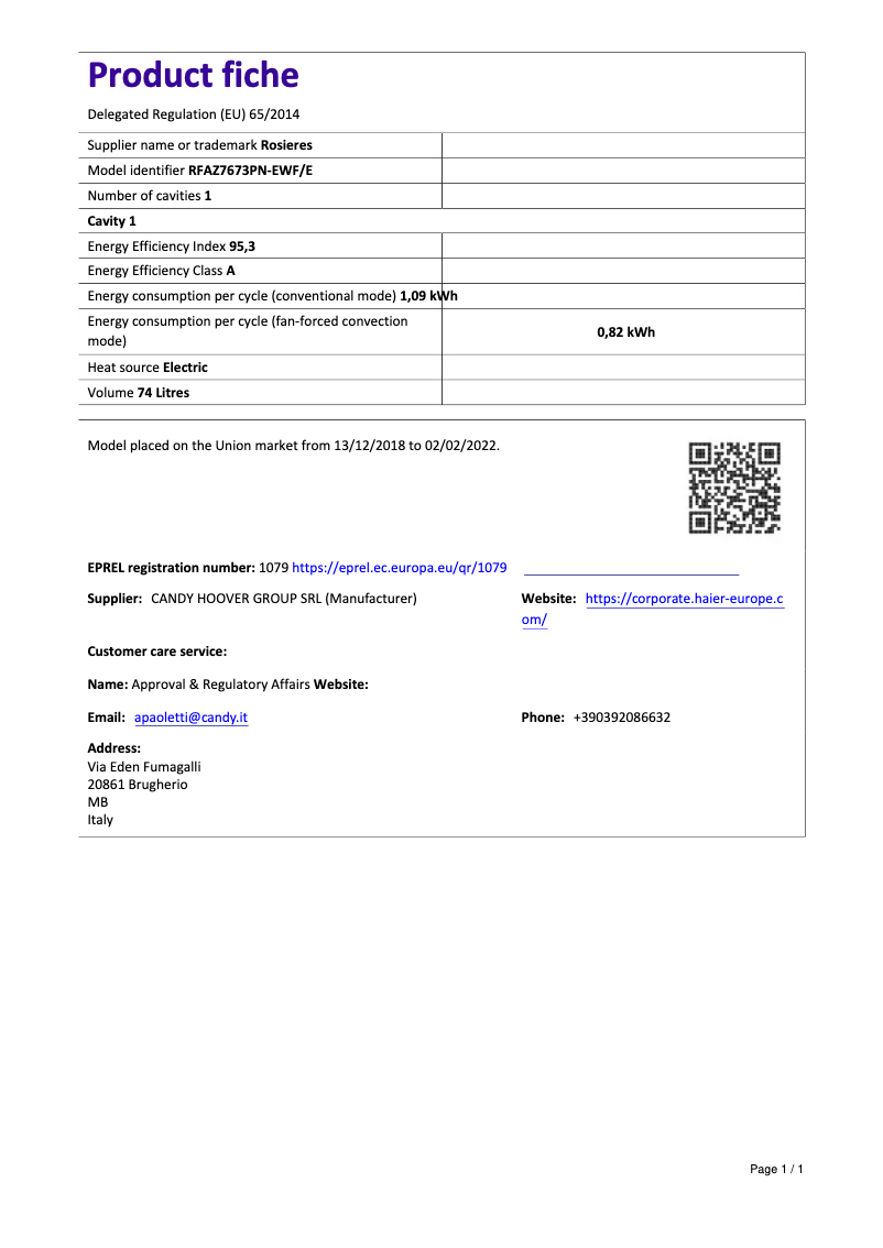 Page 1 de la notice Fiche technique Rosieres RFAZ 7673 PN-EWF/E