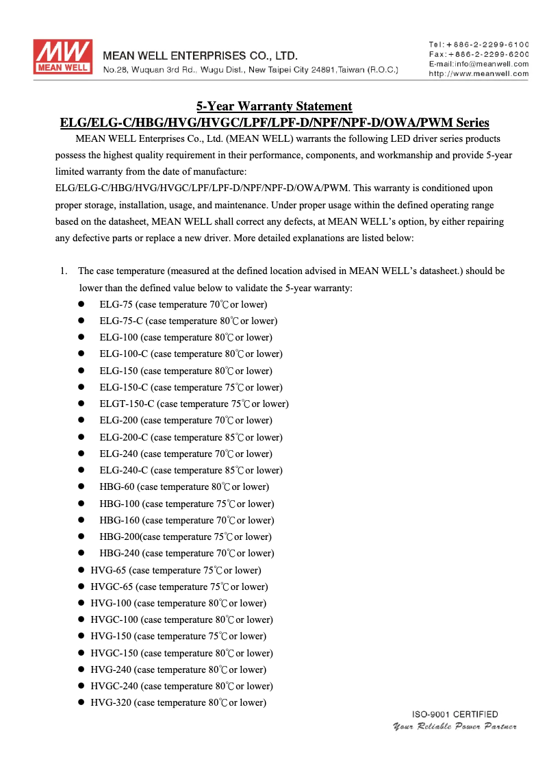 Page 1 de la notice Informations de garantie Mean Well ELG-100-24A-3Y