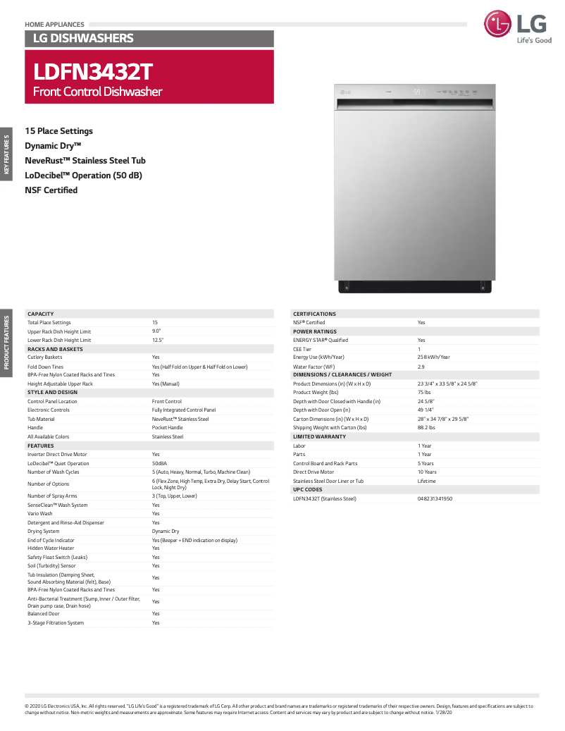 Page 1 de la notice Fiche technique LG LDFN3432T