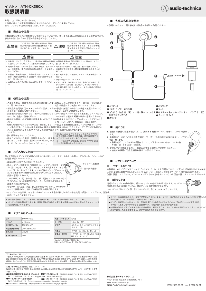 Page 1 de la notice Manuel utilisateur Audio-Technica ATH-CK350X