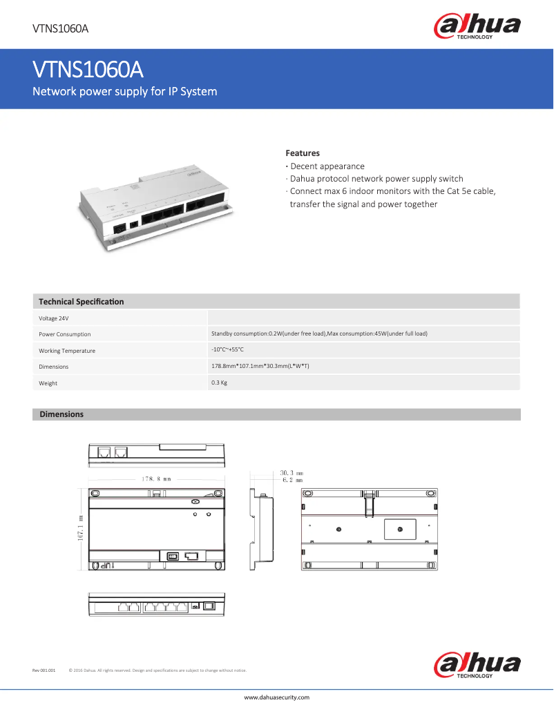 Page 1 de la notice Fiche technique Dahua Technology VTNS1060A