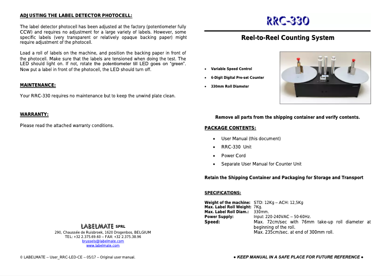 Page 1 de la notice Manuel utilisateur Labelmate RRC-330-Standard